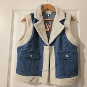 Denim Sherpa Vest Open Front Womens L NWT Western Granola Self Esteem